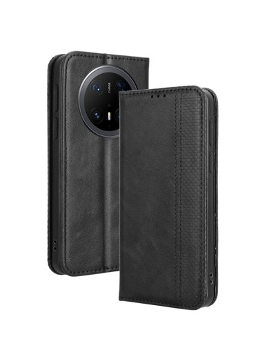 Калъф от еко кожа с ретро текстура тип портмоне за Huawei Mate 70 Pro - черен