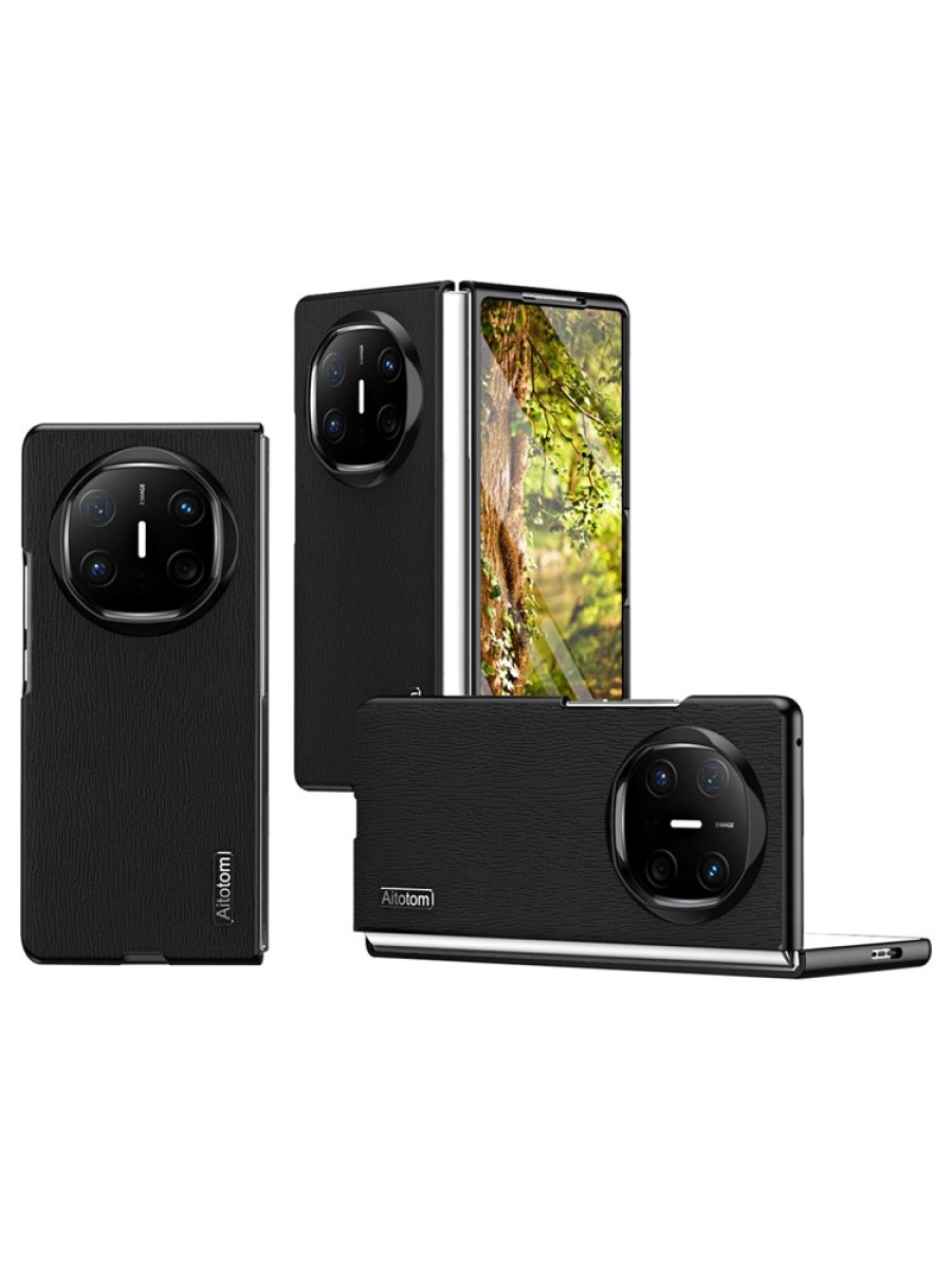 Удароустойчив калъф от еко кожа  с дървесна текстура за Huawei Mate X6 - черен