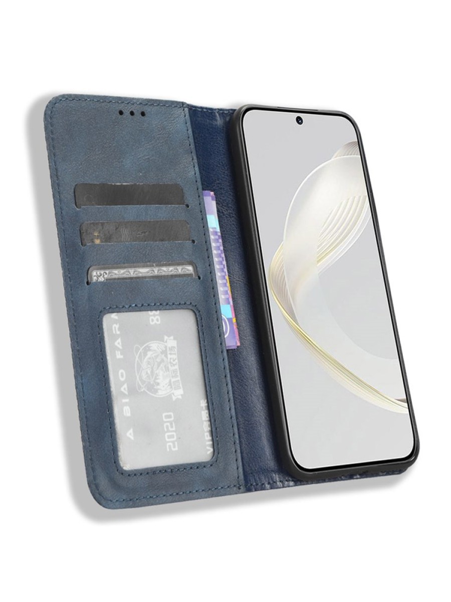 Калъф от еко кожа с ретро текстура тип портмоне за Huawei nova 11 Pro - син