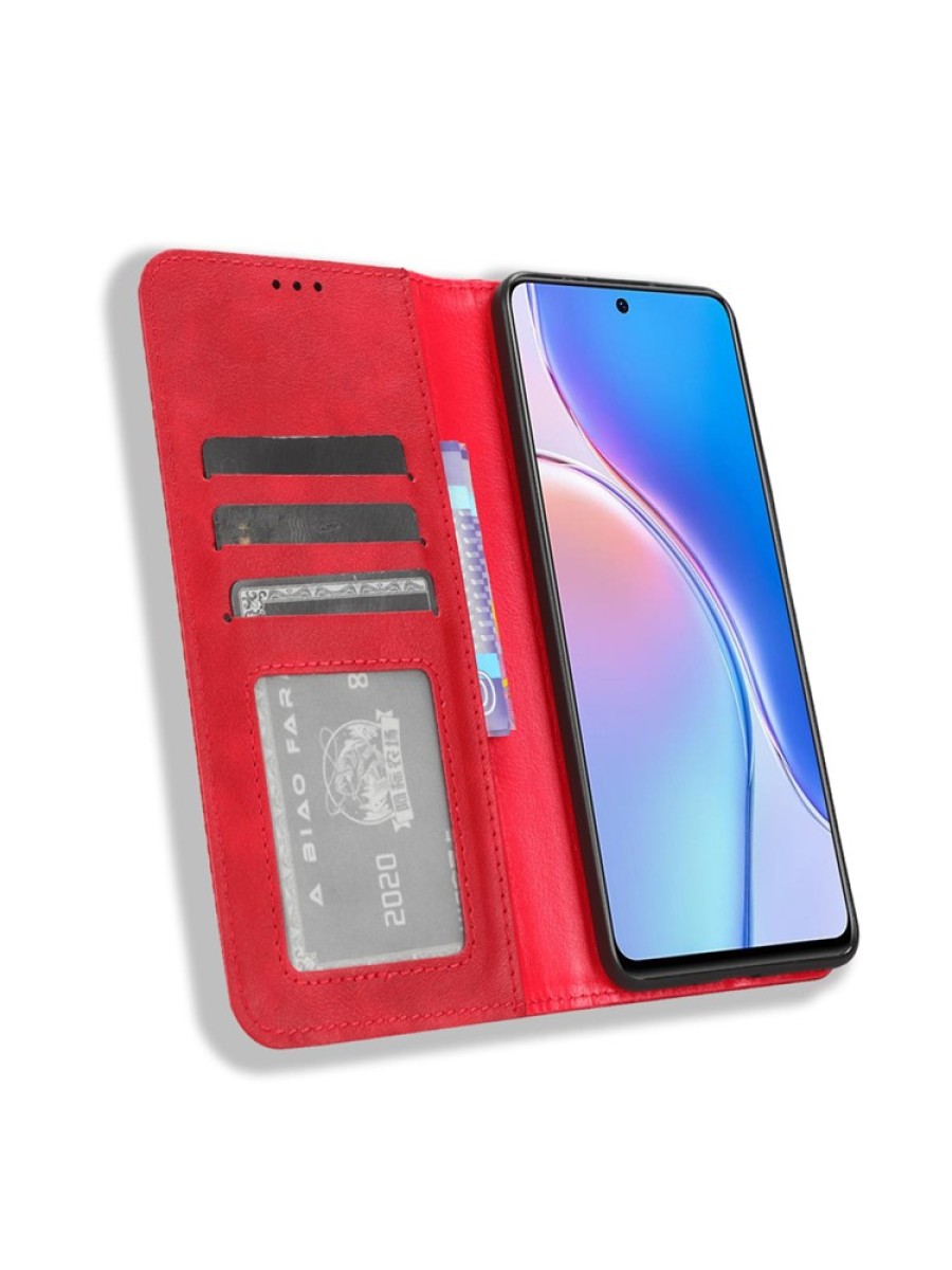 Калъф от еко кожа с ретро текстура тип портмоне за Huawei nova 11i - червен