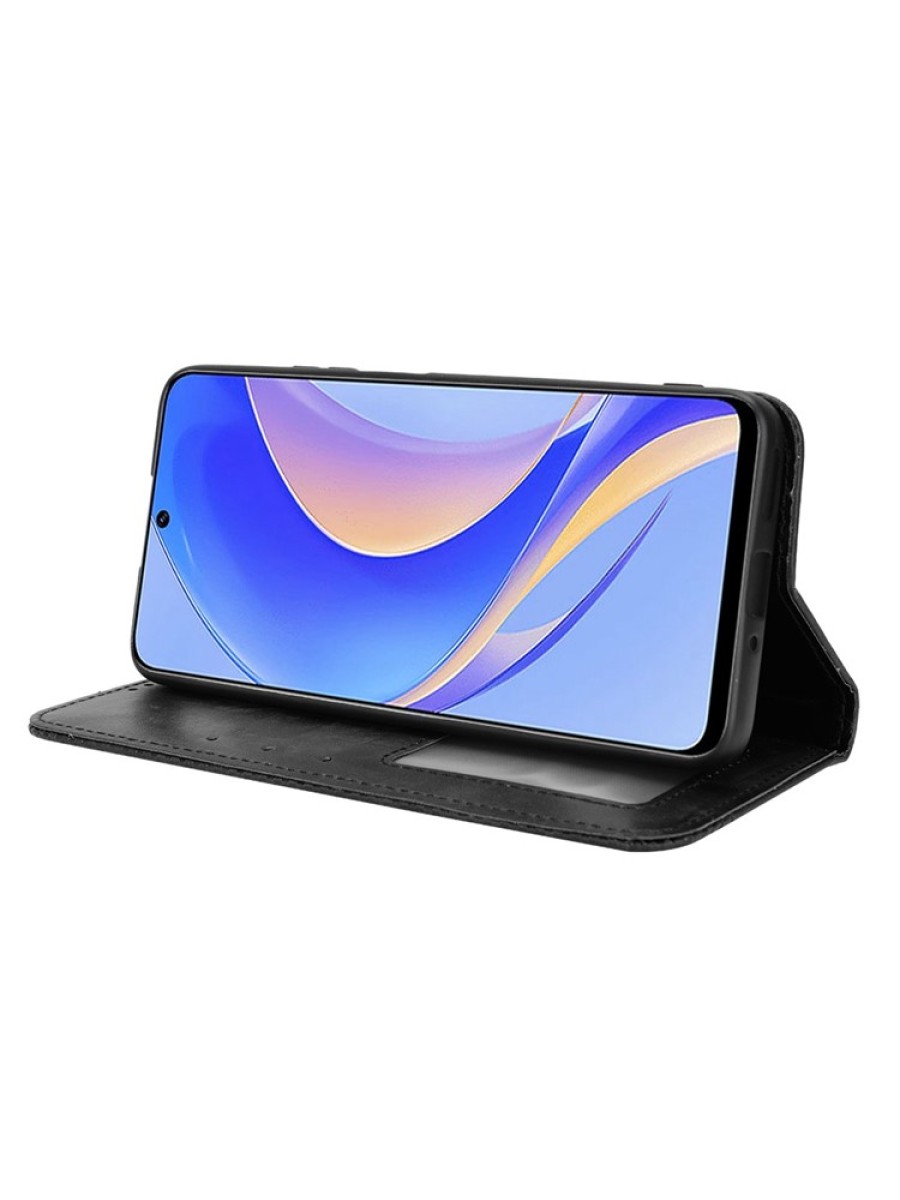 Калъф от еко кожа с ретро текстура тип портмоне за Huawei nova Y90 - черен