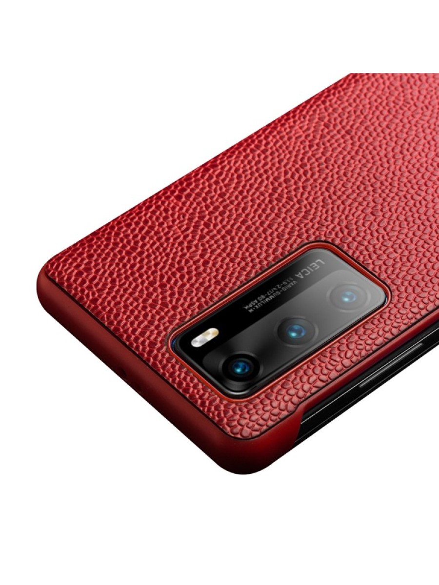 Калъф за телефон от естествена телешка кожа за Huawei P40 - червен