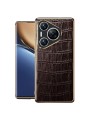 Предпазен гръб от естествена телешка кожа с крокодилски шарки за Huawei Pura 70 - кафяв