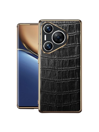 Предпазен гръб от естествена телешка кожа с крокодилски шарки за Huawei Pura 70 - черен Предпазен гръб от естествена телешка кожа с крокодилски шарки за Huawei Pura 70 - черен