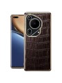 Предпазен гръб от естествена телешка кожа с крокодилски шарки за Huawei Pura 70 Ultra - кафяв