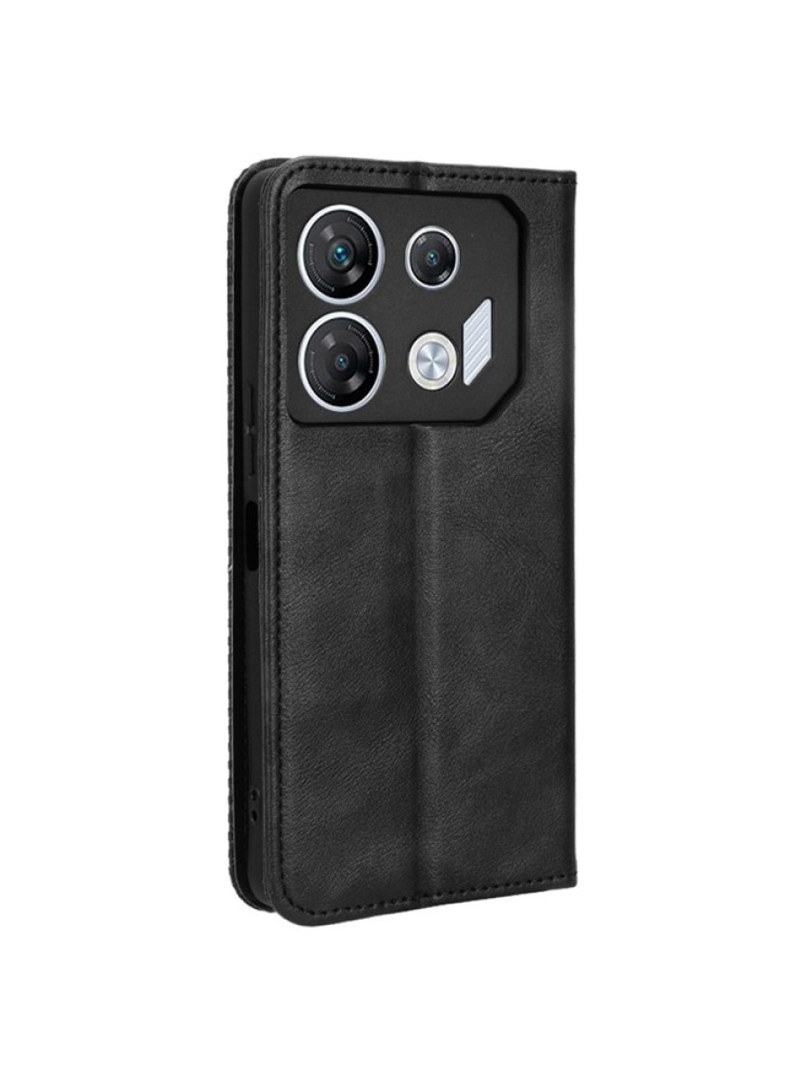 Калъф от еко кожа с ретро текстура тип портмоне за Infinix GT 10 Pro - черен
