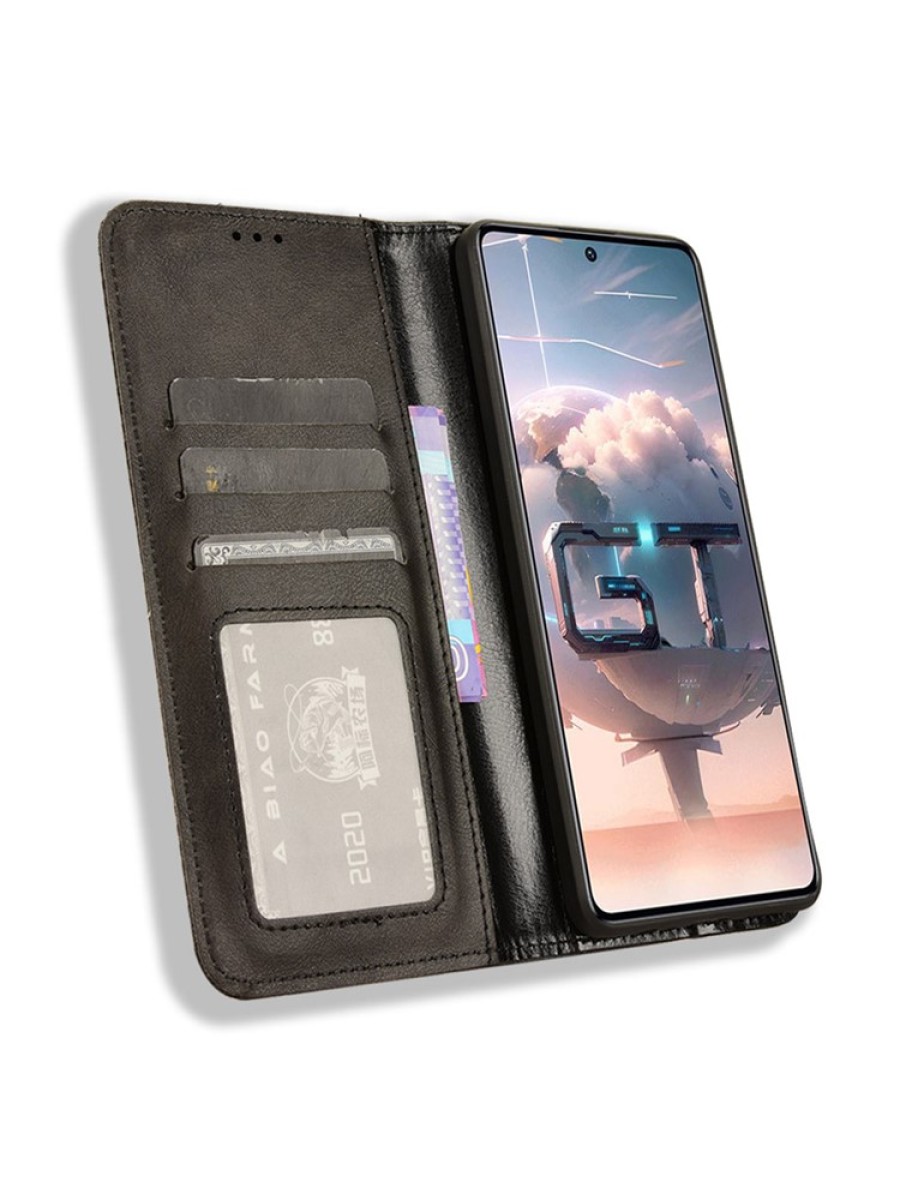 Калъф от еко кожа с ретро текстура тип портмоне за Infinix GT 10 Pro - черен