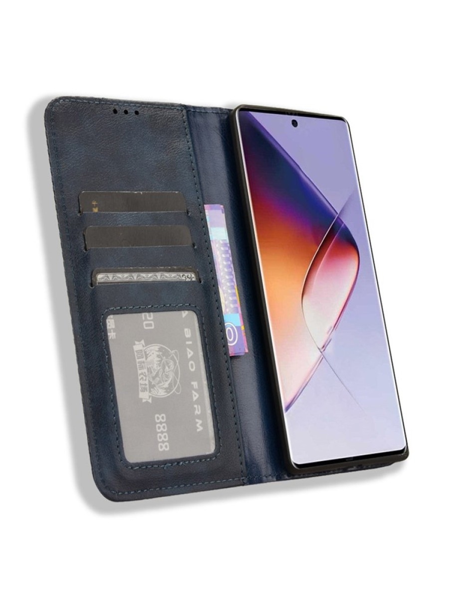 Калъф от еко кожа с ретро текстура тип портмоне за Infinix Note 40 Pro+ - син