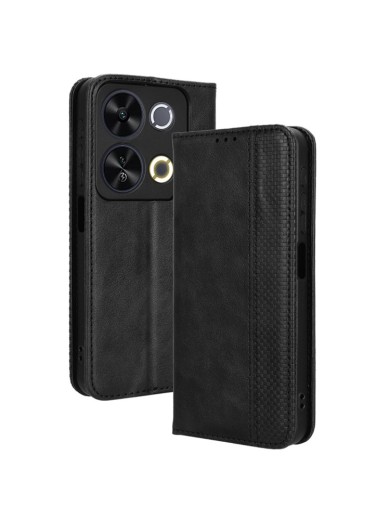 Калъф от еко кожа с ретро текстура тип портмоне за itel P65 - черен