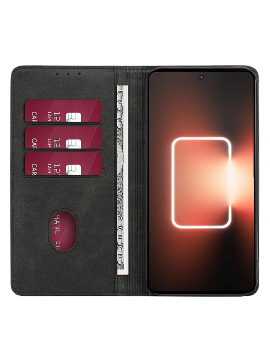 Удароустойчив калъф от еко кожа тип портмоне за itel RS4 - черен