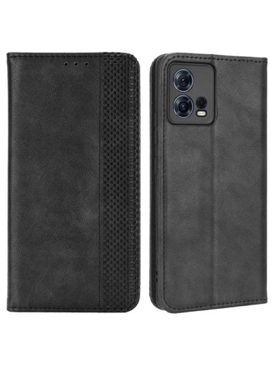 Калъф от еко кожа с ретро текстура тип портмоне за Motorola Edge 30 Fusion - черен