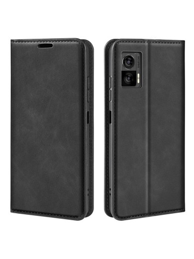 Калъф от еко кожа с личи текстура тип портмоне за Motorola Edge 30 Neo - черен