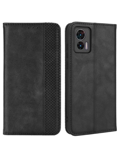 Калъф от еко кожа с ретро текстура тип портмоне за Motorola Edge 30 Neo - черен