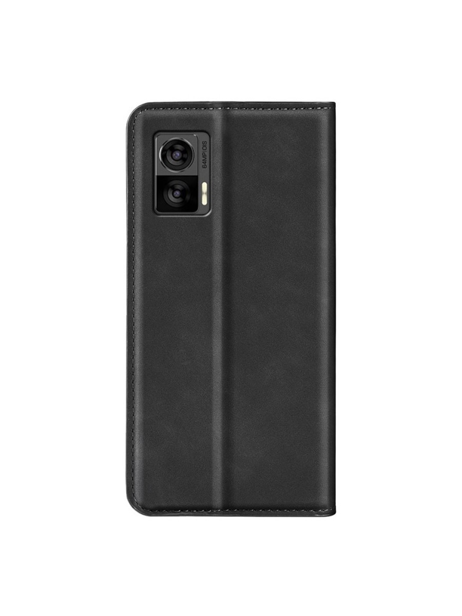 Калъф от еко кожа с личи текстура тип портмоне за Motorola Edge 30 Neo - черен