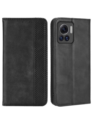 Калъф от еко кожа с ретро текстура тип портмоне за Motorola Edge 30 Ultra - черен
