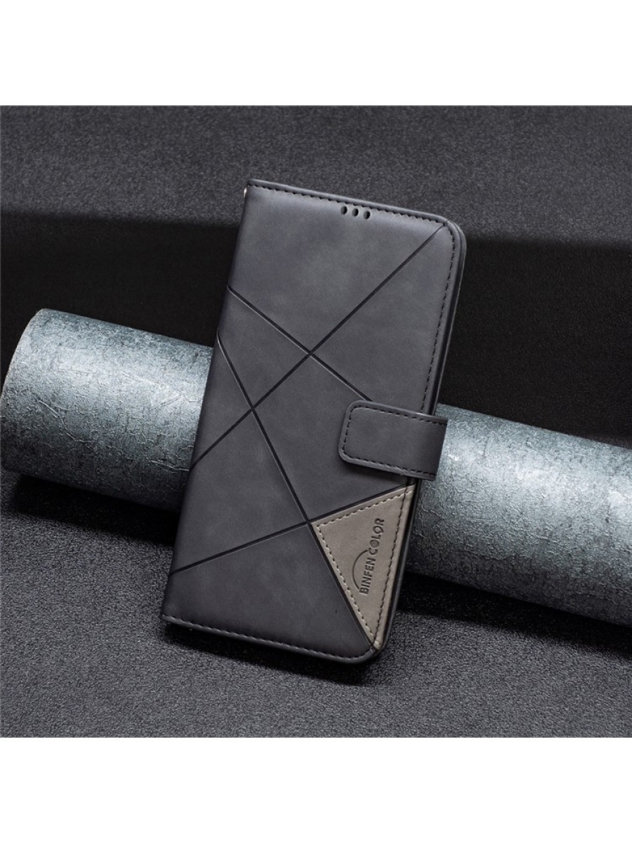 Калъф от еко кожа тип портмоне с геометрични линии за Motorola Edge 50 Neo - черен