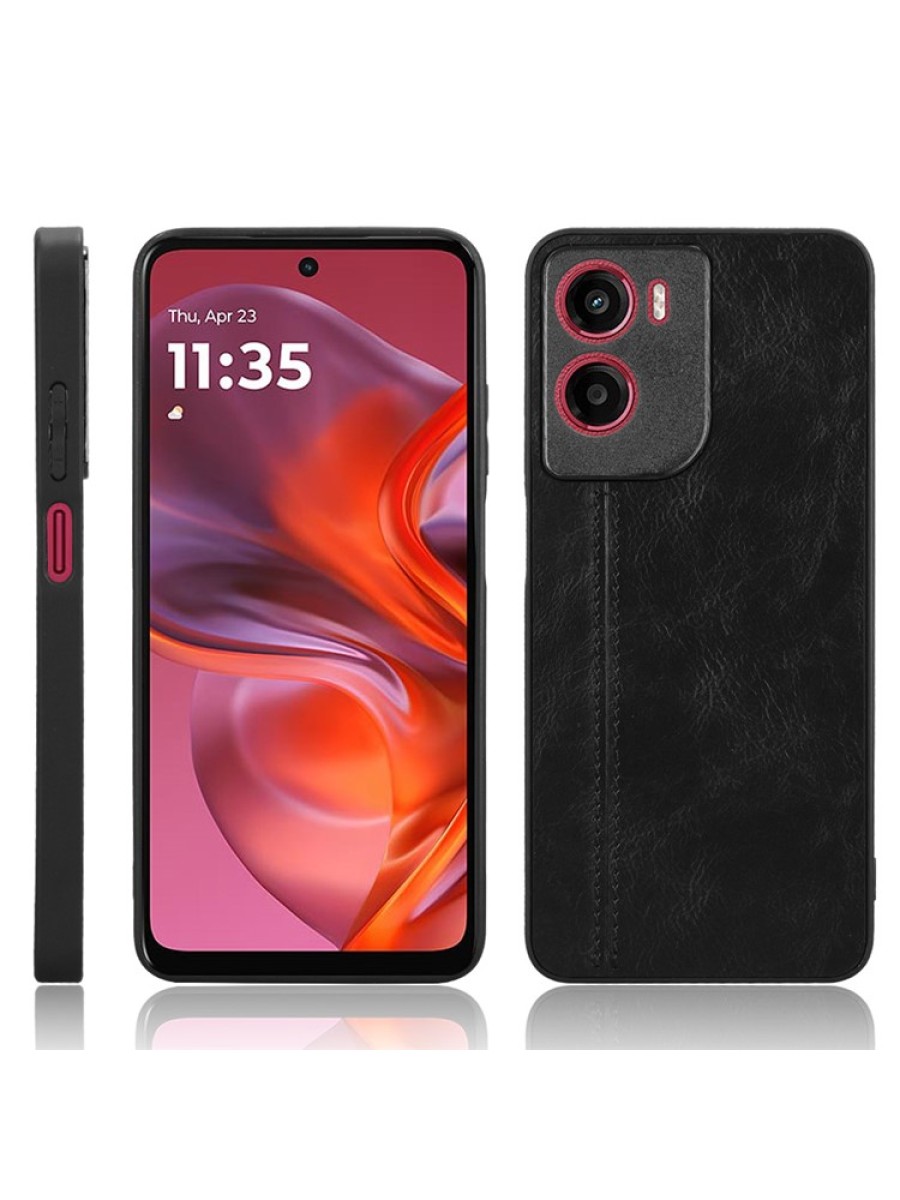 Предпазен гръб с текстура на телешка кожа за Motorola Moto E15 - черен