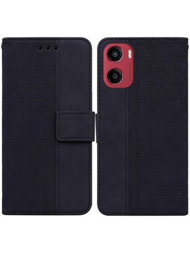 Калъф от еко кожа с геометрични шарки тип портмоне за Motorola Moto E15 - черен Калъф от еко кожа с геометрични шарки тип портмоне за Motorola Moto E15 - черен