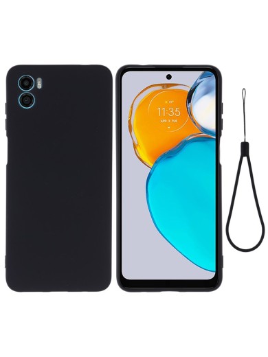 Предпазен устойчив на надраскване силиконов гръб с каишка за Motorola Moto E22s - черен Предпазен устойчив на надраскване силиконов гръб с каишка за Motorola Moto E22s - черен