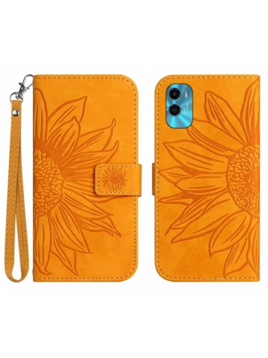 Калъф от еко кожа за Motorola Moto E32 (India), тип портмоне с каишка и щампа на слънчоглед - жълт
