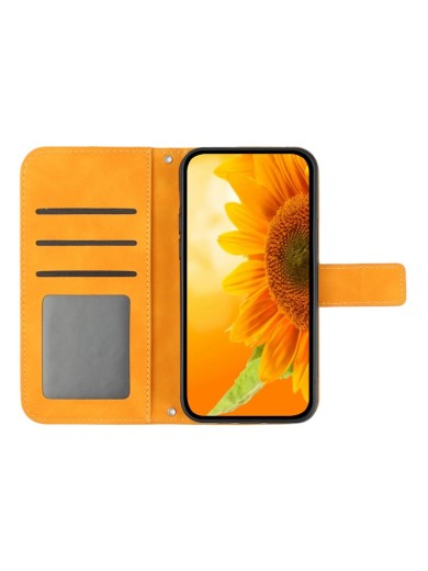 Калъф от еко кожа за Motorola Moto E32 (India), тип портмоне с каишка и щампа на слънчоглед - жълт