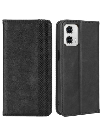 Калъф от еко кожа с ретро текстура тип портмоне за Motorola Moto G (2023) - черен
