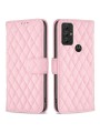 Калъф от еко кожа тип портмоне с ромбовидни шарки за Motorola Moto G Play (2023) - розов
