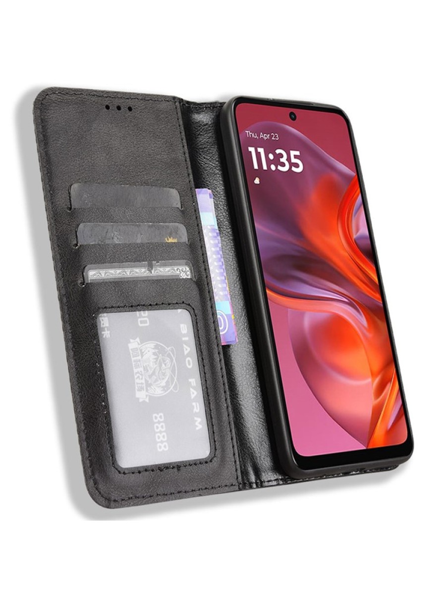 Калъф от еко кожа с ретро текстура тип портмоне за Motorola Moto G05 - черен