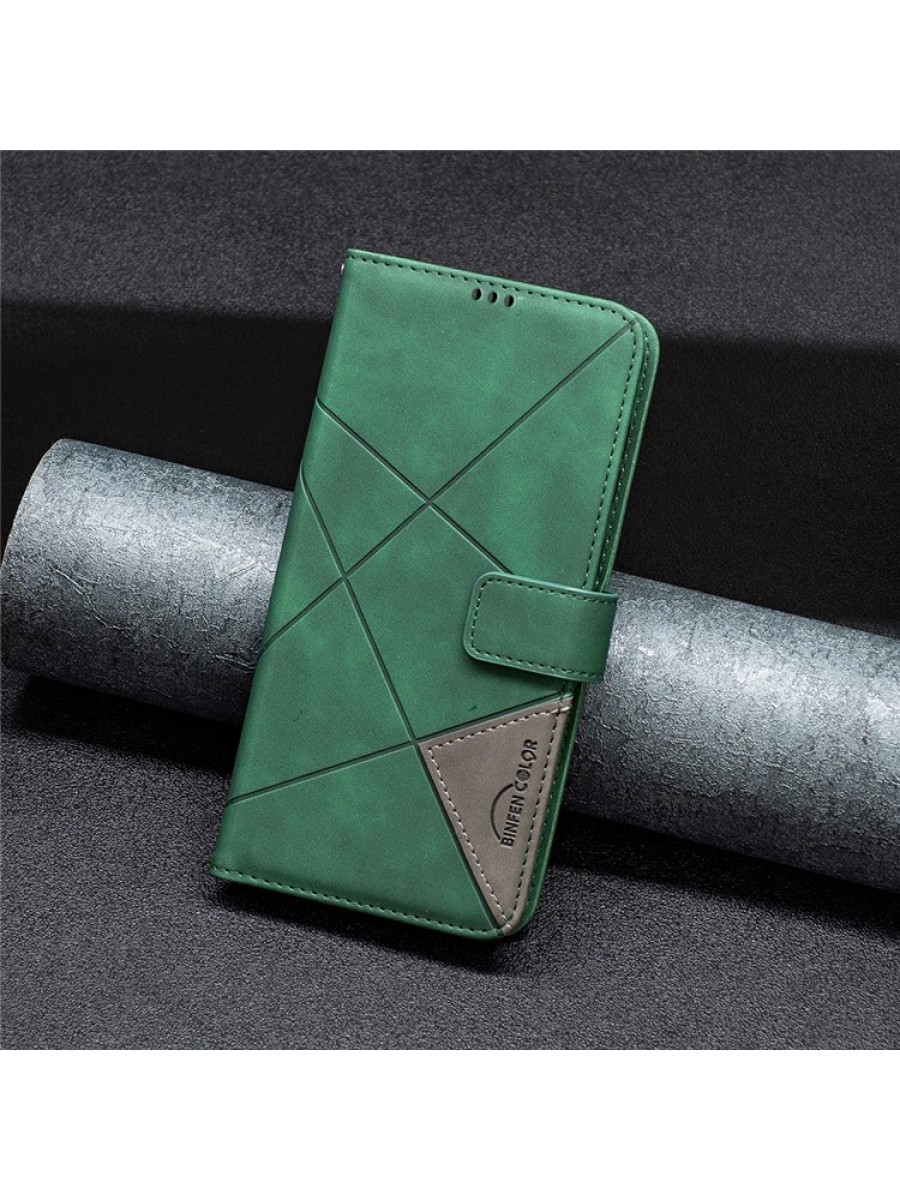 Калъф от еко кожа тип портмоне с геометрични линии за Motorola Moto G35 - зелен