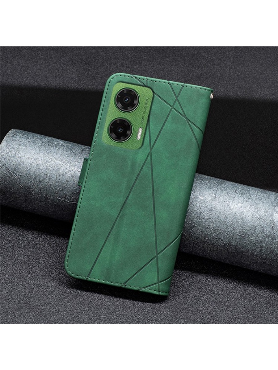 Калъф от еко кожа тип портмоне с геометрични линии за Motorola Moto G35 - зелен
