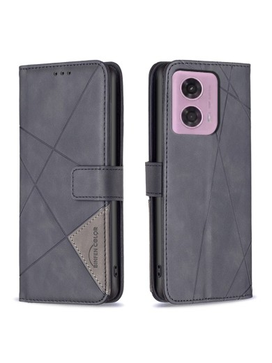 Калъф от еко кожа тип портмоне с геометрични линии за Motorola Moto G45 - черен
