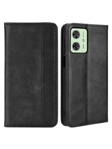 Калъф от еко кожа с ретро текстура тип портмоне за Motorola Moto G54 Power - черен