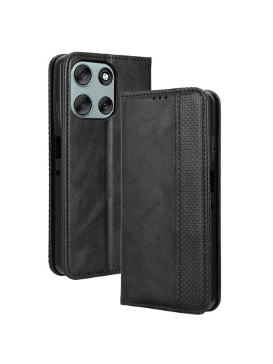 Калъф от еко кожа с ретро текстура тип портмоне за Motorola Moto G56 - черен