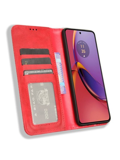 Калъф от еко кожа с ретро текстура тип портмоне за Motorola Moto G84 - червен