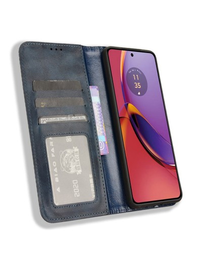 Калъф от еко кожа с ретро текстура тип портмоне за Motorola Moto G84 - син