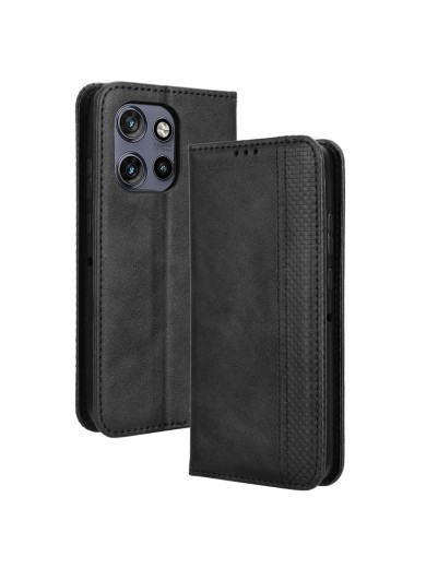 Калъф от еко кожа с ретро текстура тип портмоне за Motorola Moto S50 - черен