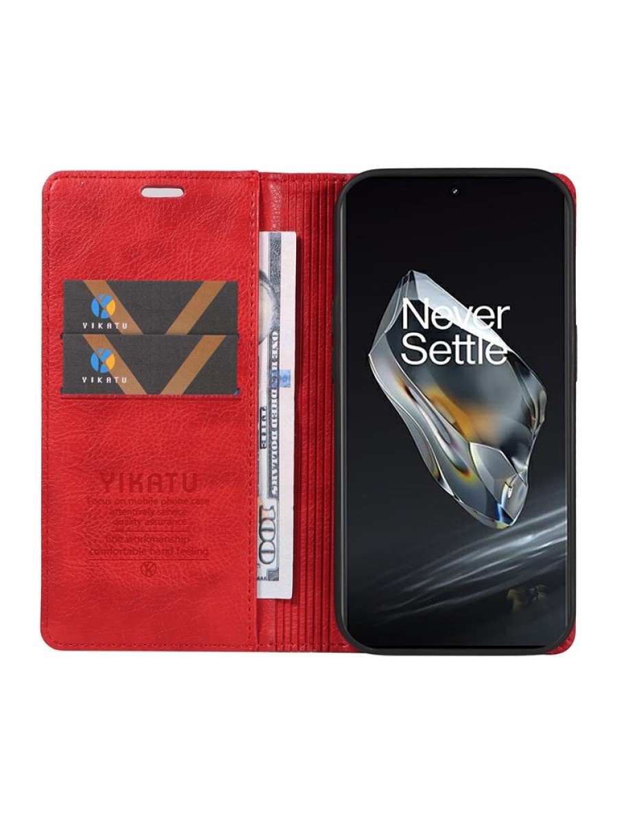 Калъф от еко кожа тип портмоне за OnePlus 12 - червен
