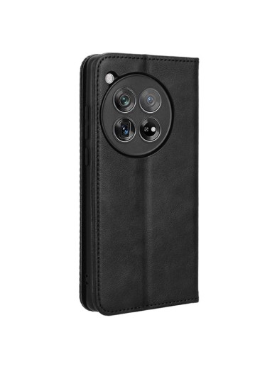 Калъф от еко кожа с ретро текстура тип портмоне за OnePlus 12 - черен