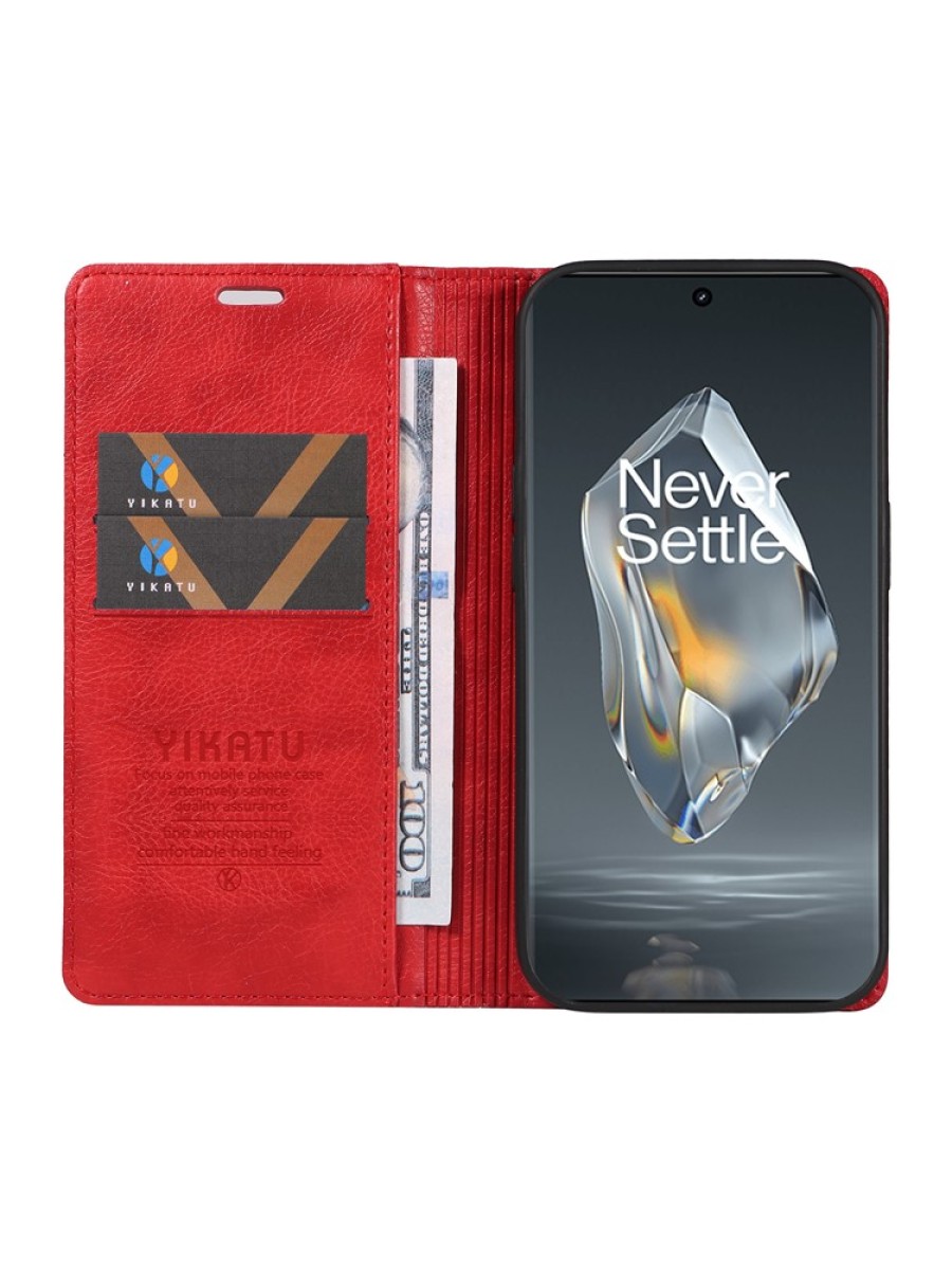 Калъф от еко кожа тип портмоне за OnePlus 12R - червен