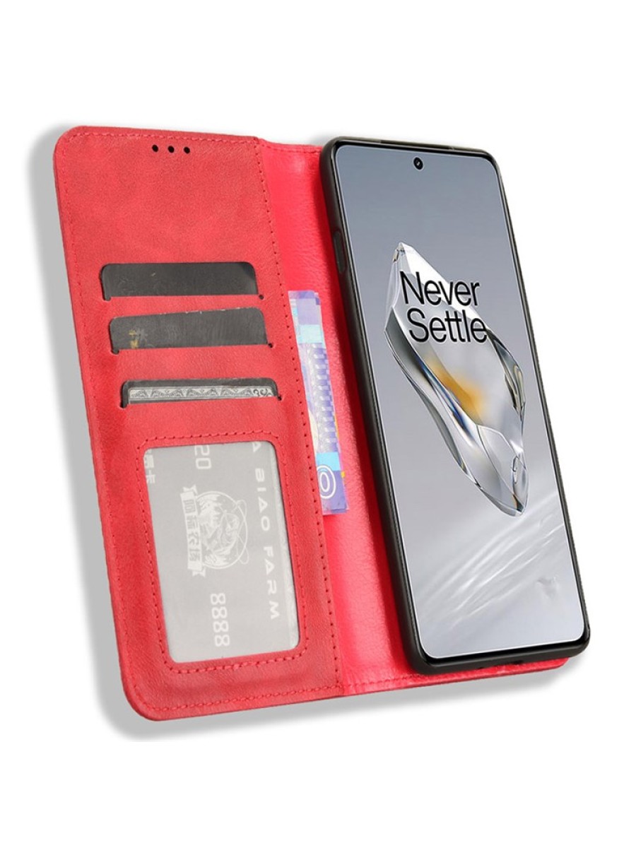 Калъф от еко кожа с ретро текстура тип портмоне за OnePlus 12R - червен