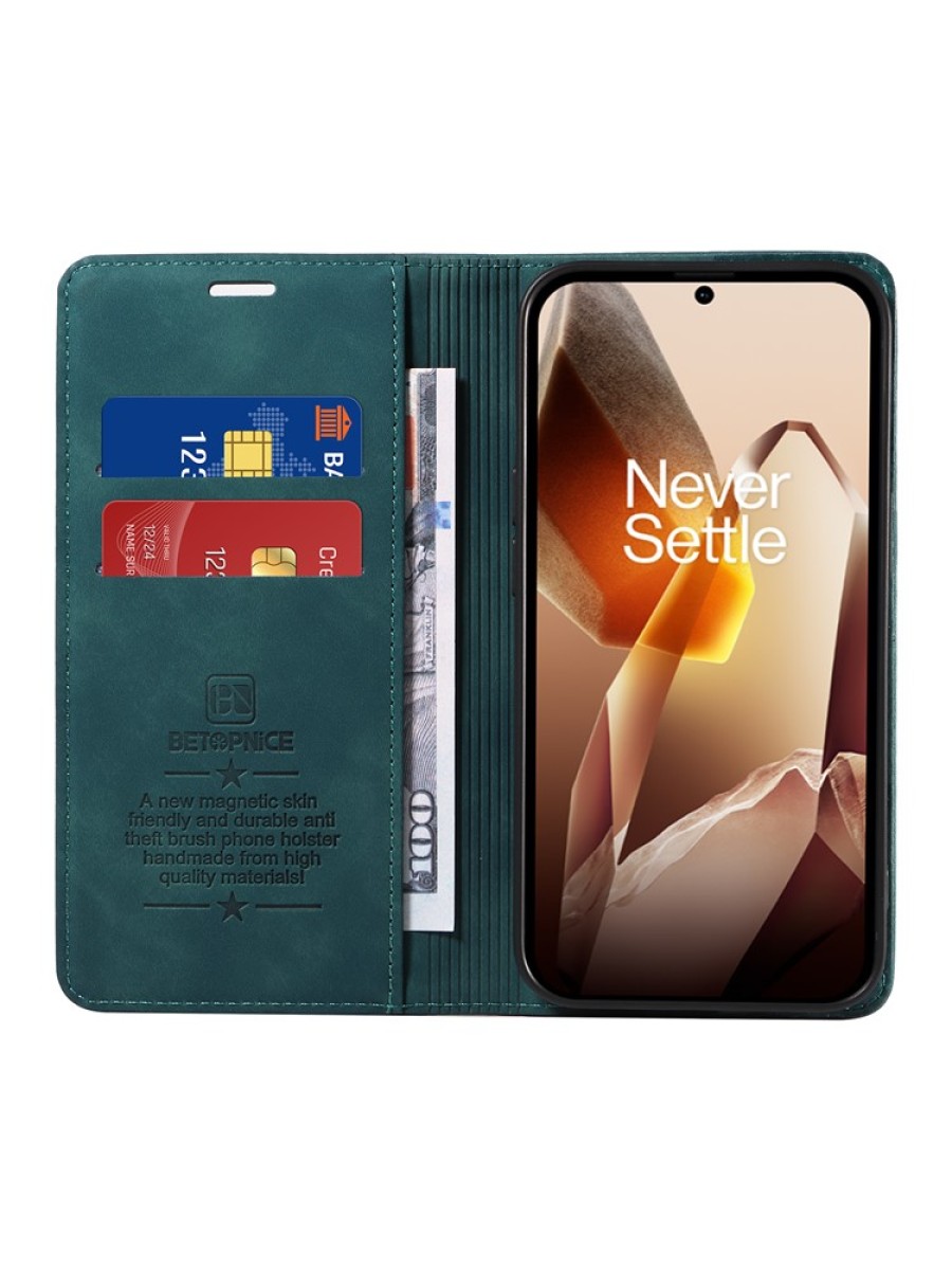 Калъф от еко кожа тип портмоне с RFID  блокираща технология за OnePlus 13 - зелен