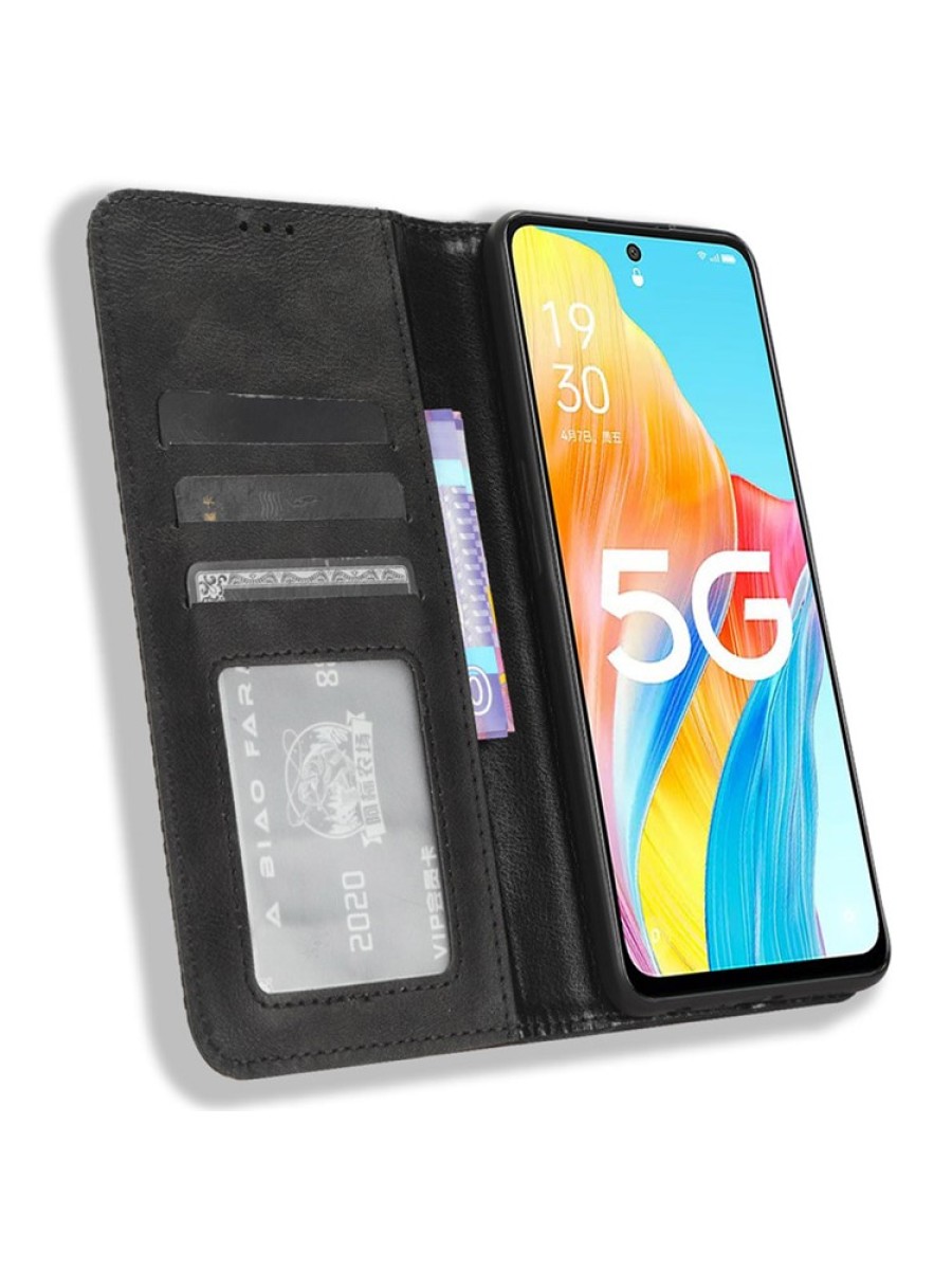 Калъф от еко кожа с ретро текстура тип портмоне за Oppo A1 - черен