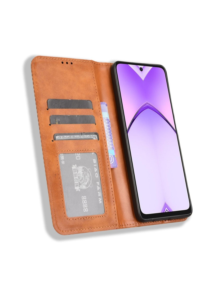 Калъф от еко кожа с ретро текстура тип портмоне за Oppo A3 - кафяв