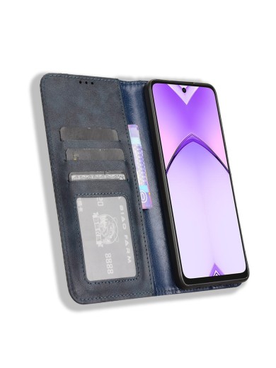 Калъф от еко кожа с ретро текстура тип портмоне за Oppo A3 - син