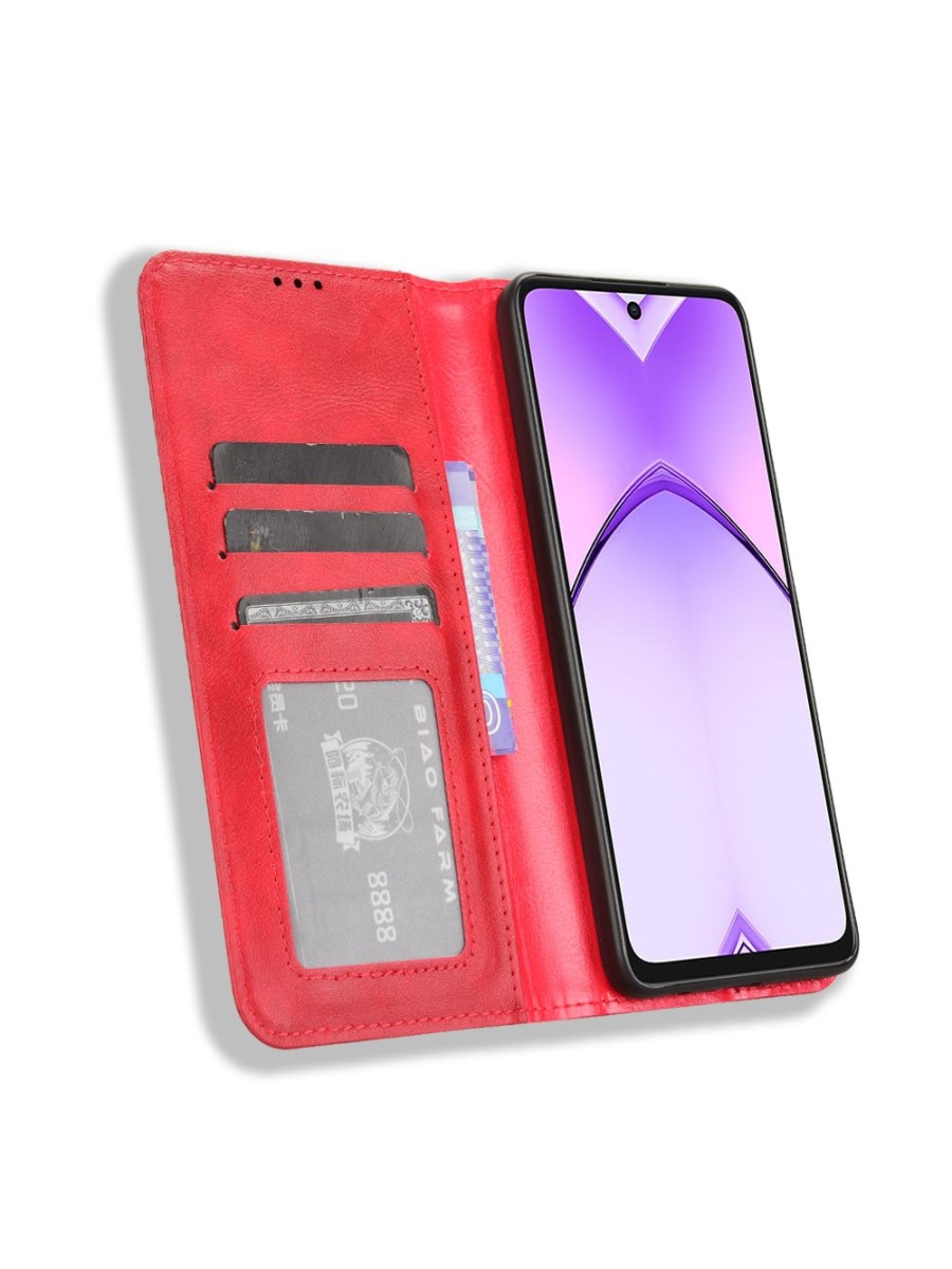 Калъф от еко кожа с ретро текстура тип портмоне за Oppo A3 - червен