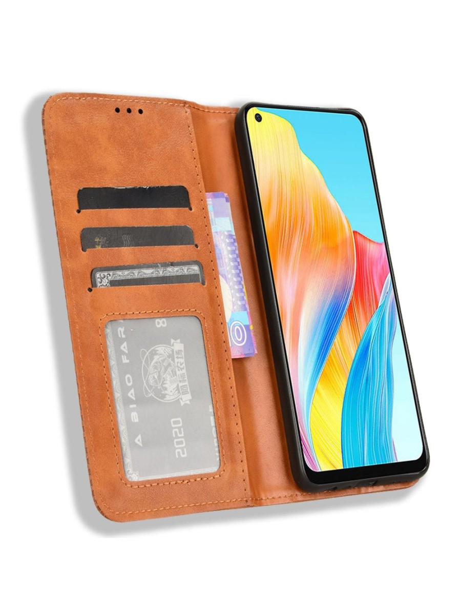 Калъф от еко кожа с ретро текстура тип портмоне за Oppo A58 4G - кафяв