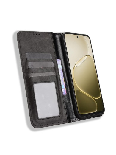 Калъф от еко кожа с ретро текстура тип портмоне за Oppo A6 - черен