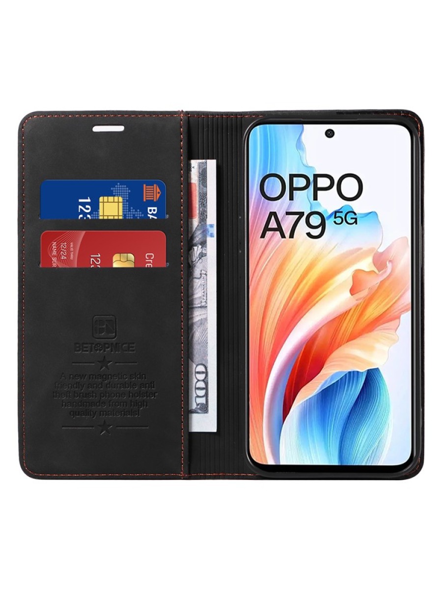 Калъф от еко кожа тип портмоне с RFID  блокираща технология за Oppo A79 - черен