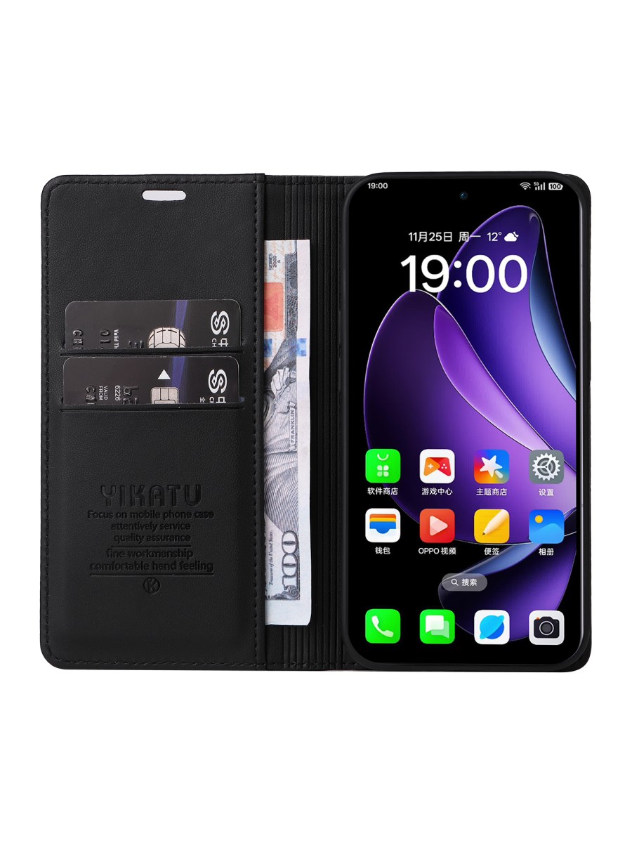 Калъф за телефон от еко кожа тип портмоне за Oppo Reno13 - черен