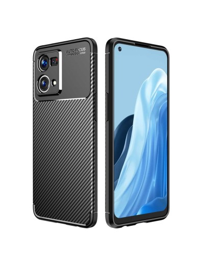 Удароустойчив предпазен гръб с с текстура на карбонови фибри за Oppo Reno7 - черен Удароустойчив предпазен гръб с с текстура на карбонови фибри за Oppo Reno7 - черен